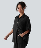 Chemise décontractée effet lin à manches mi-longues avec poche