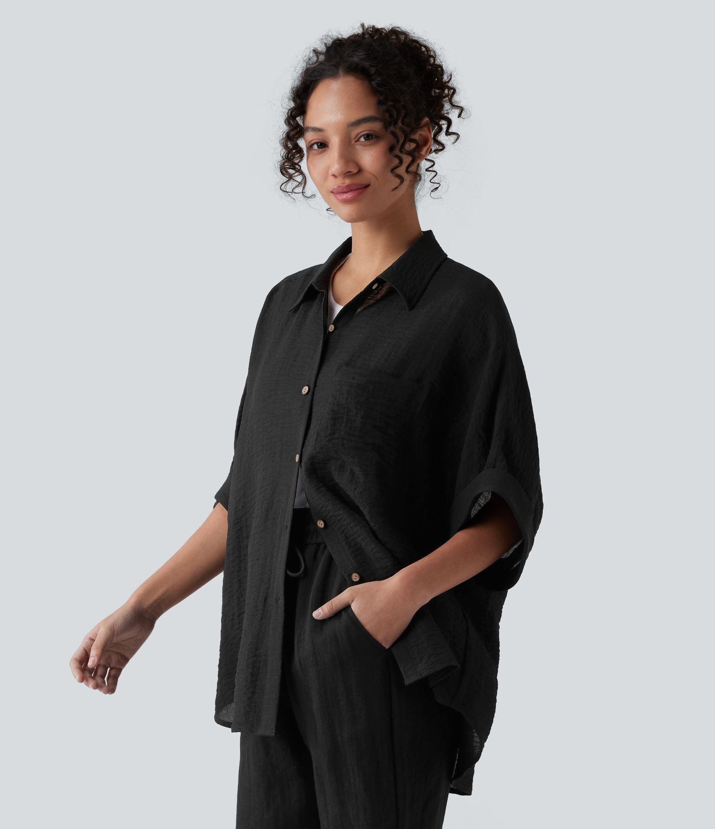 Chemise décontractée effet lin à manches mi-longues avec poche