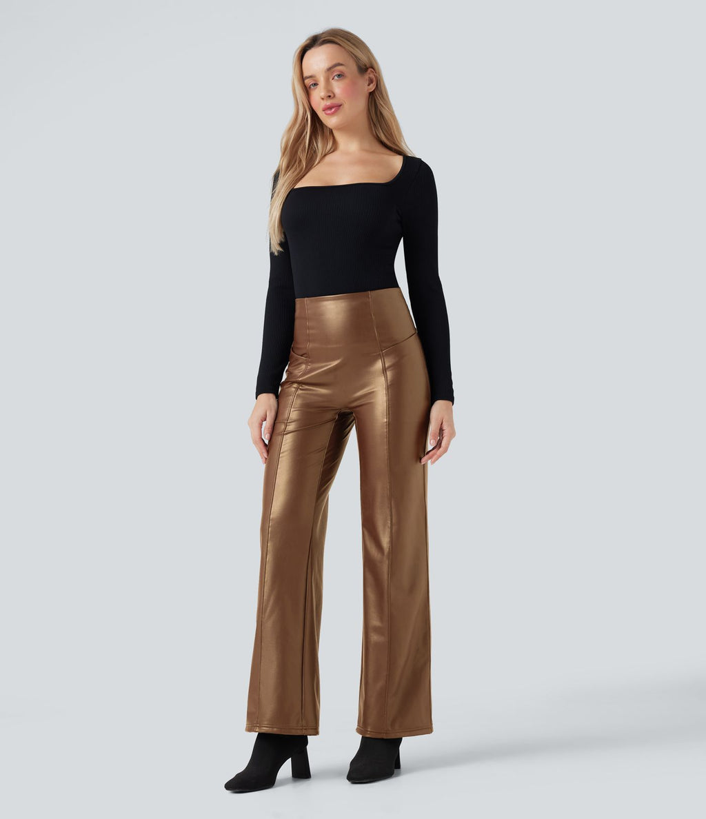 Pantalon similicuir évasé gainant taille haute stretch avec poches