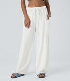 Pantalon Large Fluide Taille Mi-Haute Taille Élastique Cordon Poches Latérales Ourlet Flottant