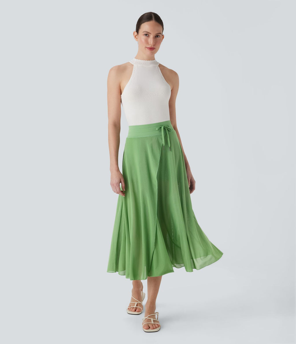Jupe Casual Évasée Mesh Mi-Longue Fuide 2 en 1 Contrastée Taille Haute Cordon Poche Latérale