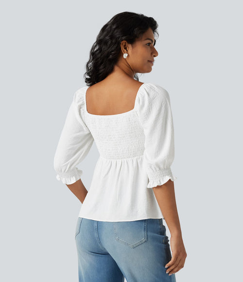Blouse casual babydoll col carré à manches bouffantes mi-longues et détails froncés