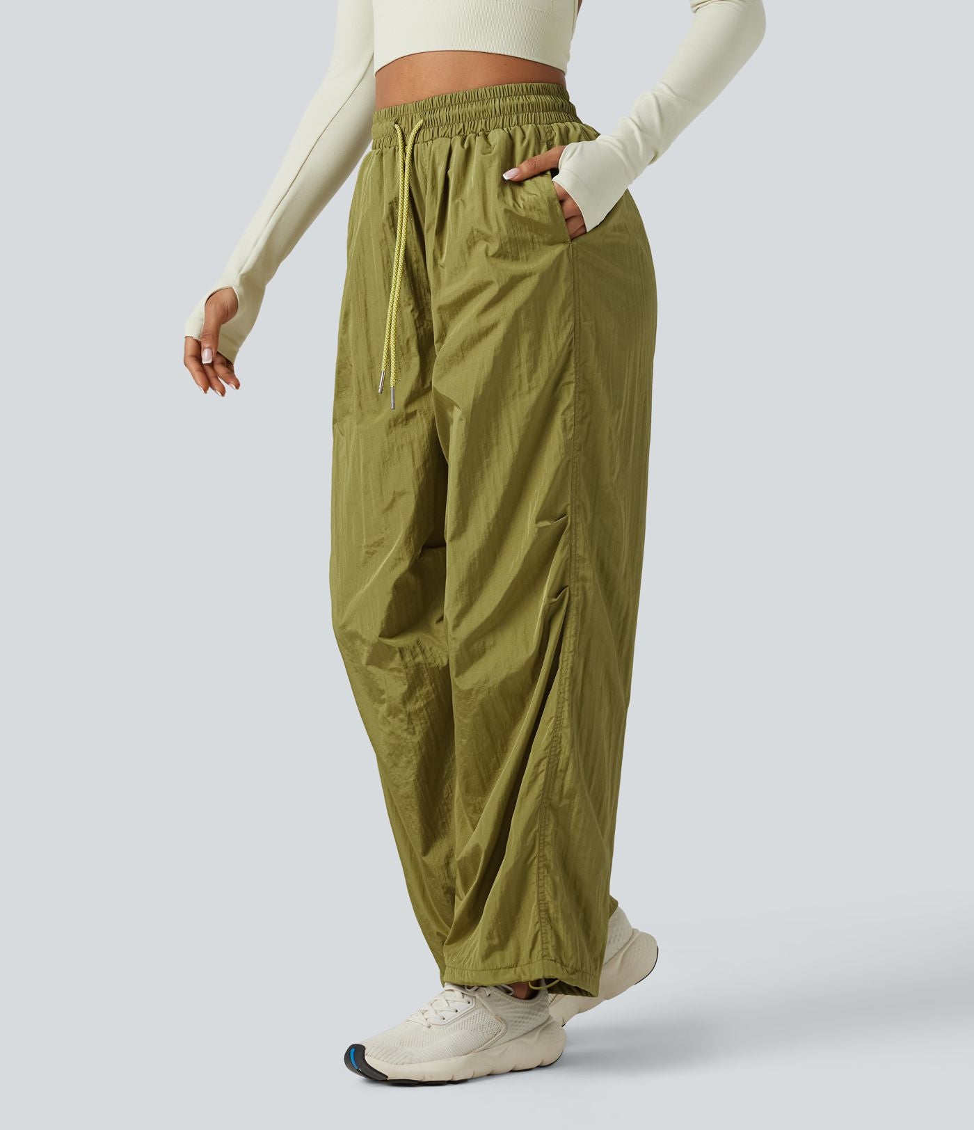Pantalon cargo ample de randonnée taille haute avec cordon de serrage, fronces et poches