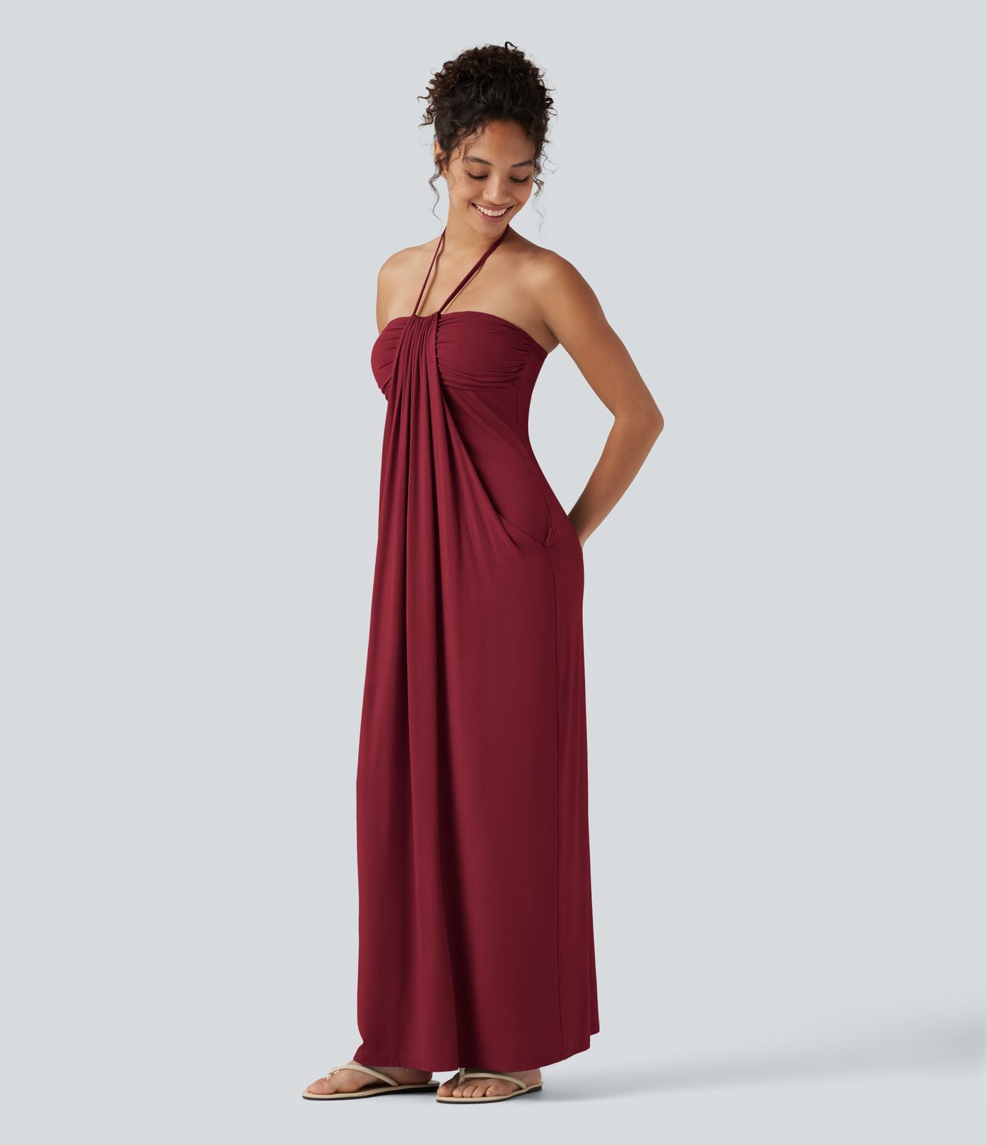 Robe longue dos nu à nouer avec soutien-gorge intégré et poches