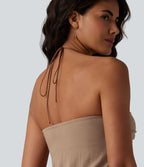 Robe longue estivale col licou dos nu avec lien soutien-gorge intégré aspect lin avec poches