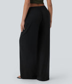 Pantalon fluide ample à taille basse avec cordon de serrage, côtes extensibles, doux pour la peau et poches latérales