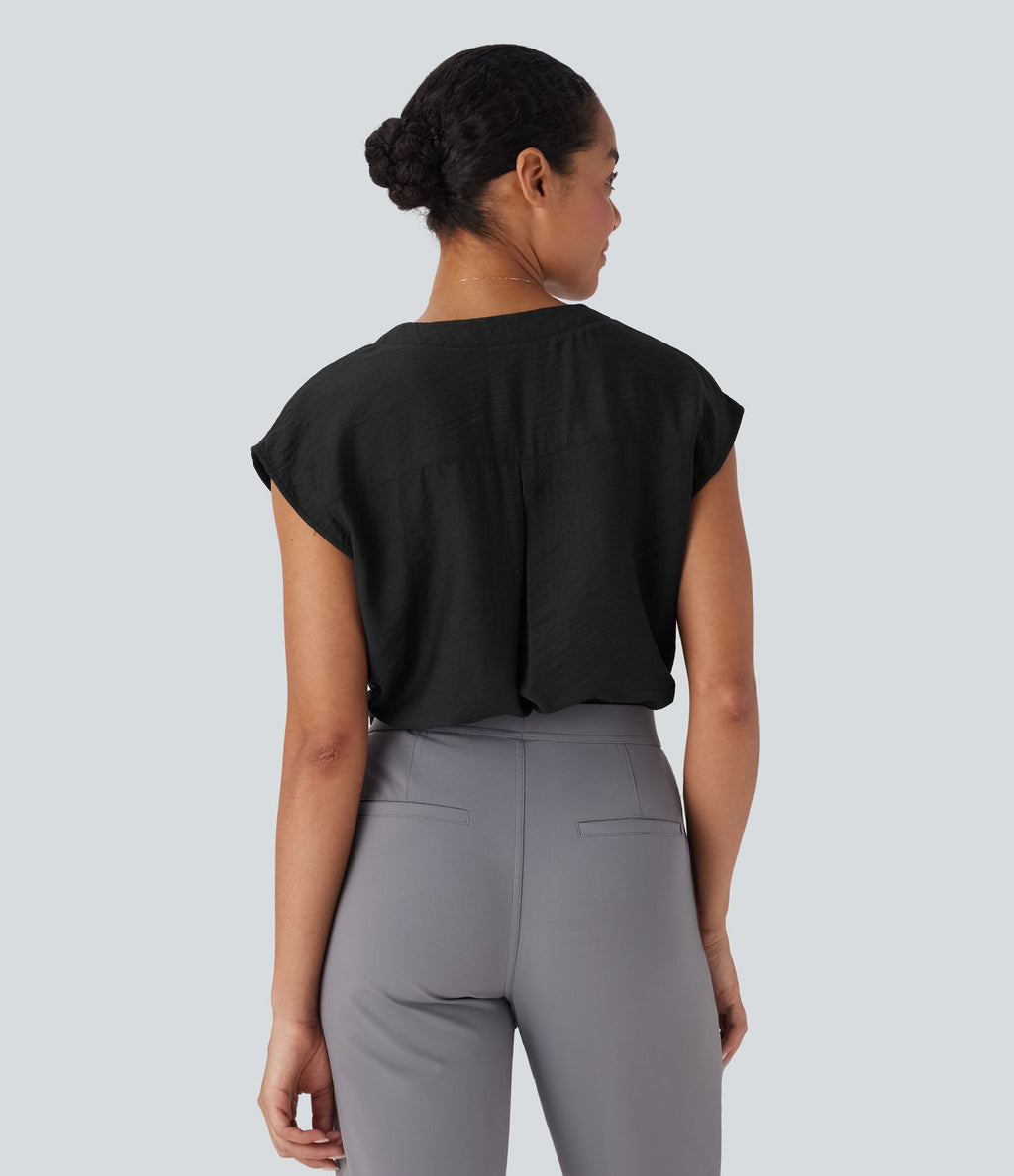 Blouse de Travail Col V Manches Courtes avec Boutons Décoratifs
