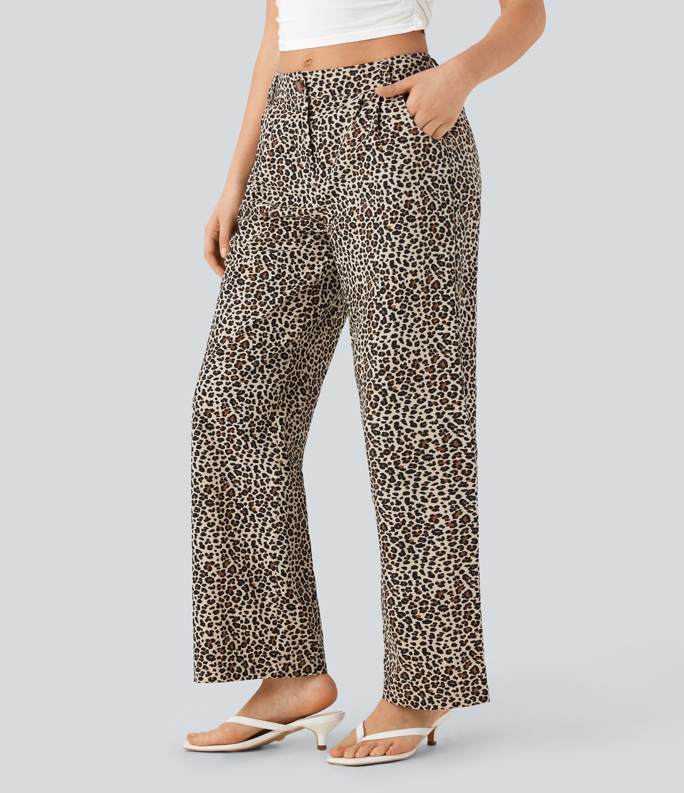 Pantalon décontracté en coton à jambe droite, taille moyenne, imprimé léopard avec poches