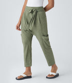 Pantalon Harem Casuak à Taille Mi-Haute avec Liens sur le Côté et Multiples Poches