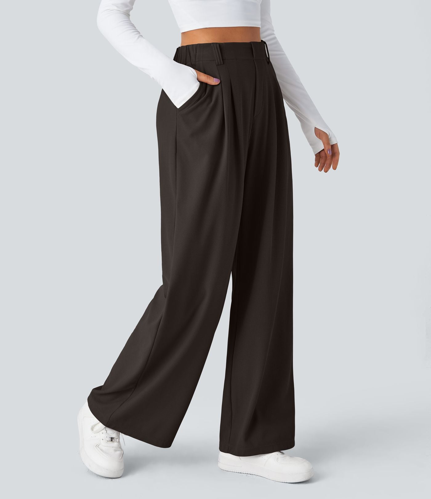 Pantalon Tailleur Large Fluide Halara Flex™ Gaufré Taille Haute Poches Latérales