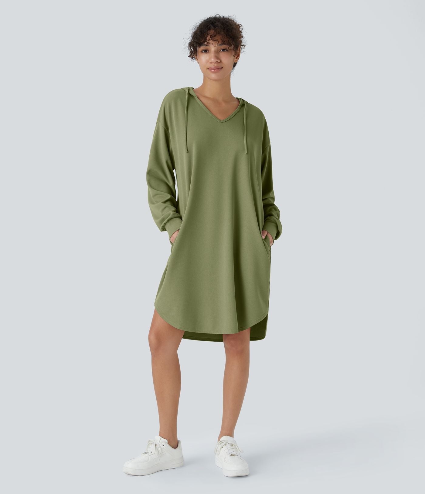 Robe Sweatshirt Casual à Capuche avec Cordon Poches Latérales Ourlet Courbé Asymétrique Oversize Mini en Tissu Gaufré