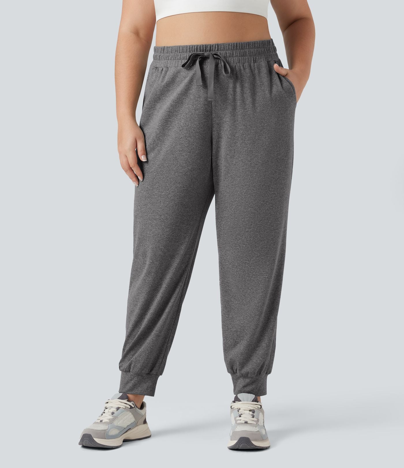 Jogging yoga grande taille froncé taille haute avec cordon de serrage et poches