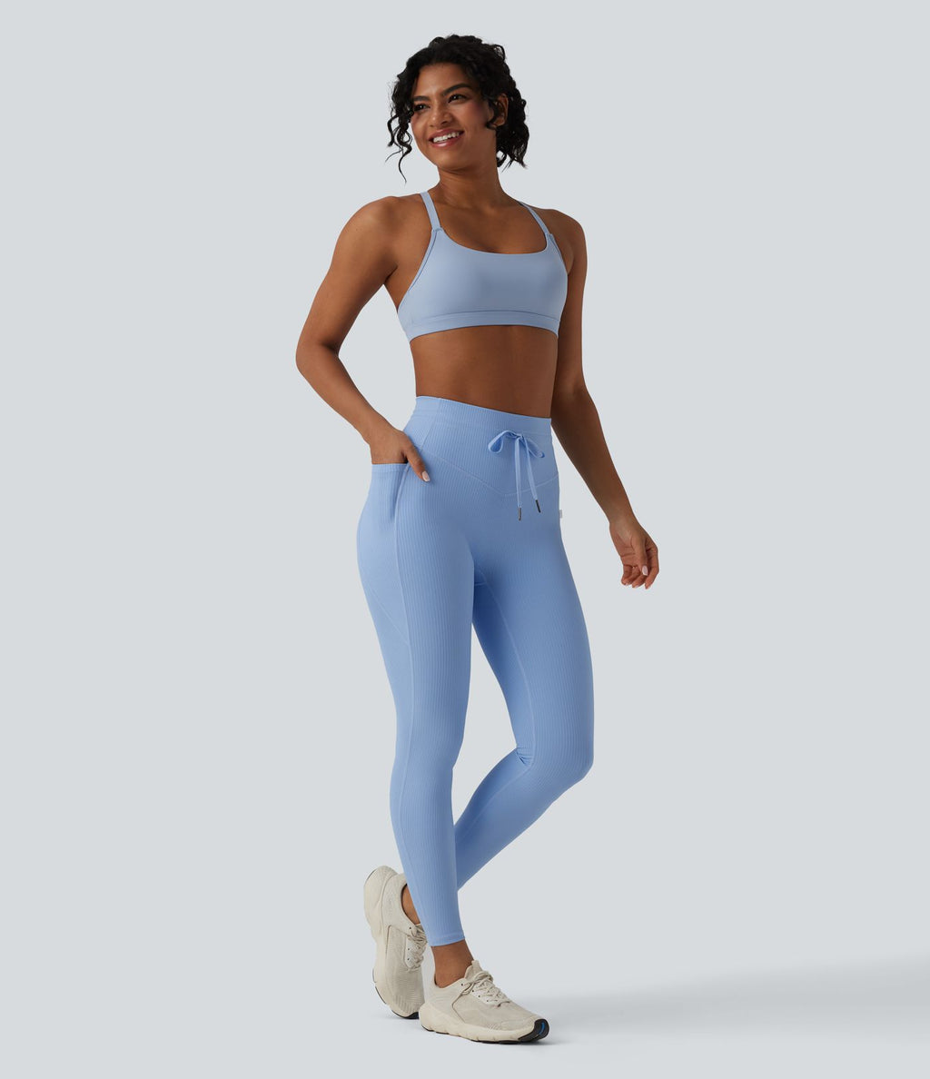 Legging de sport maille côtelée gainant à séchage rapide taille haute avec cordon de serrage et poches - UPF50+
