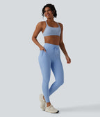 Legging de sport maille côtelée gainant à séchage rapide taille haute avec cordon de serrage et poches - UPF50+