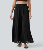 Pantalon fluide et ample avec superposition en mesh, poches latérales et taille haute