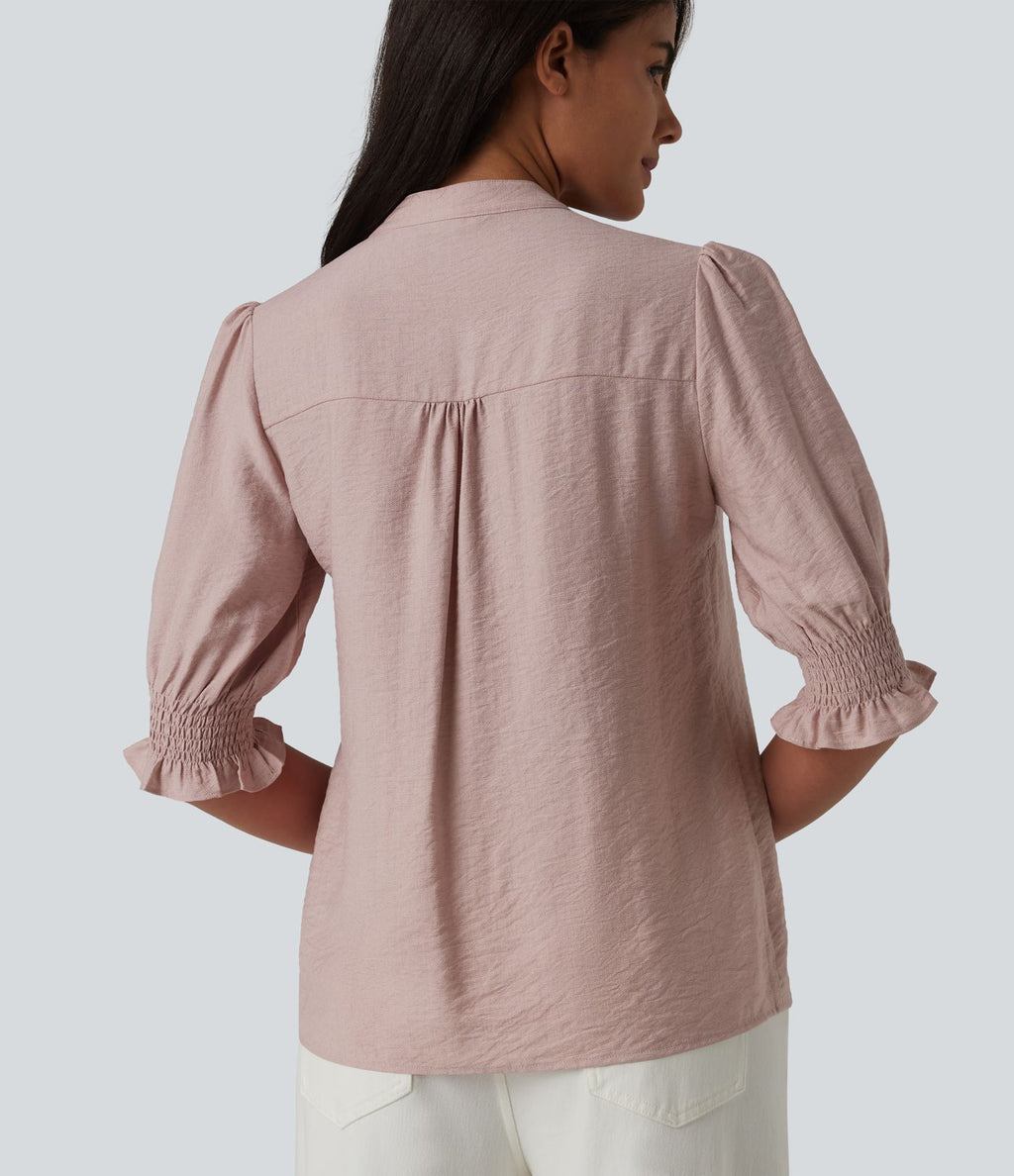 Blouse décontractée à col en V et manches courtes bouffantes