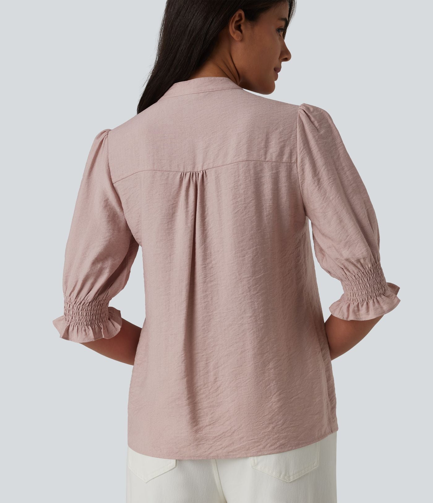 Blouse décontractée à col en V et manches courtes bouffantes