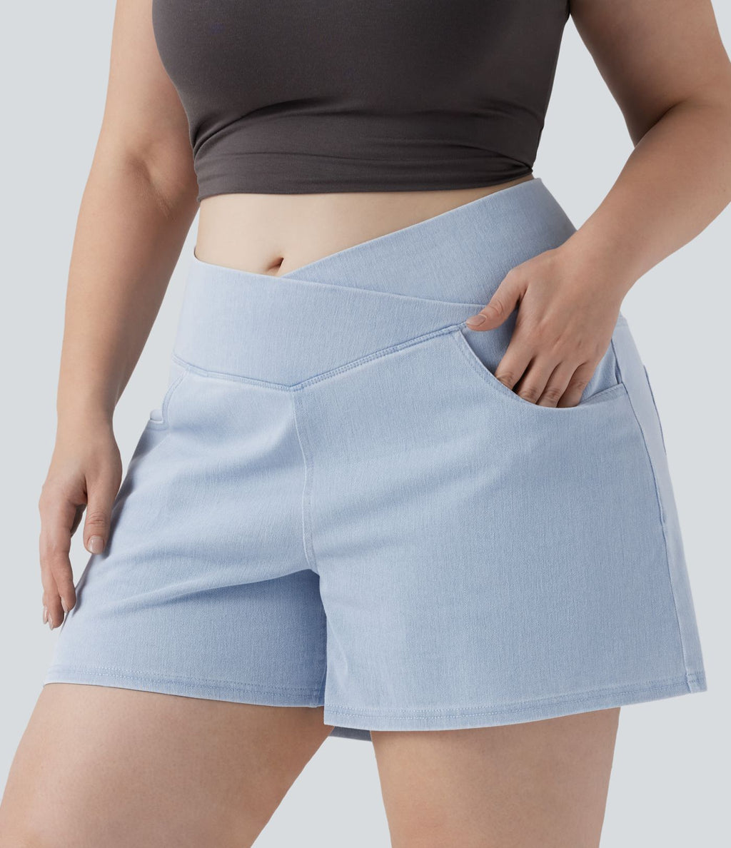 Short en denim délavé large trapèze grande taille croisé taille haute Halara Flex™ avec poches