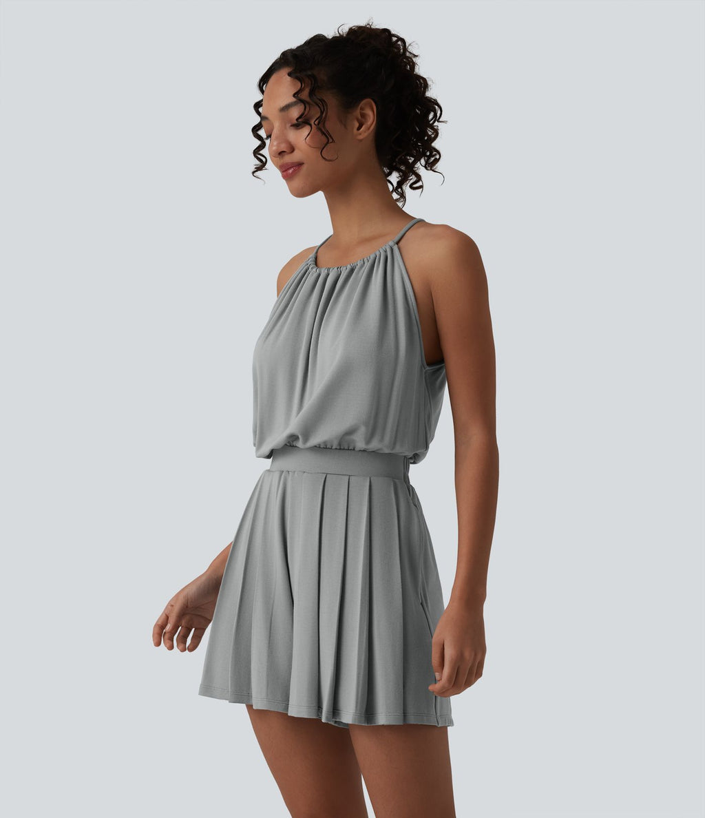 Combishort casual plissé col licou sans manches avec dos à nouer et poches – Easy Peasy