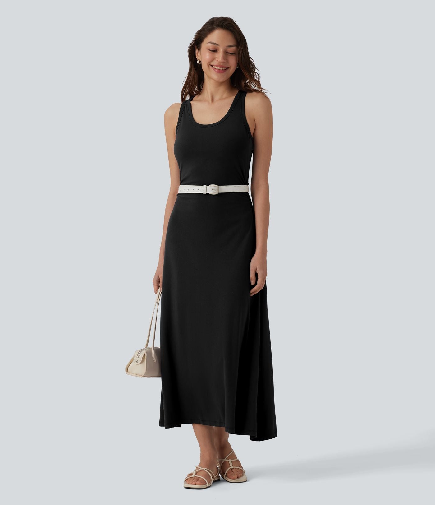 Robe mi-longue casual dos nageur sans manches avec fronces et brassière intégrée