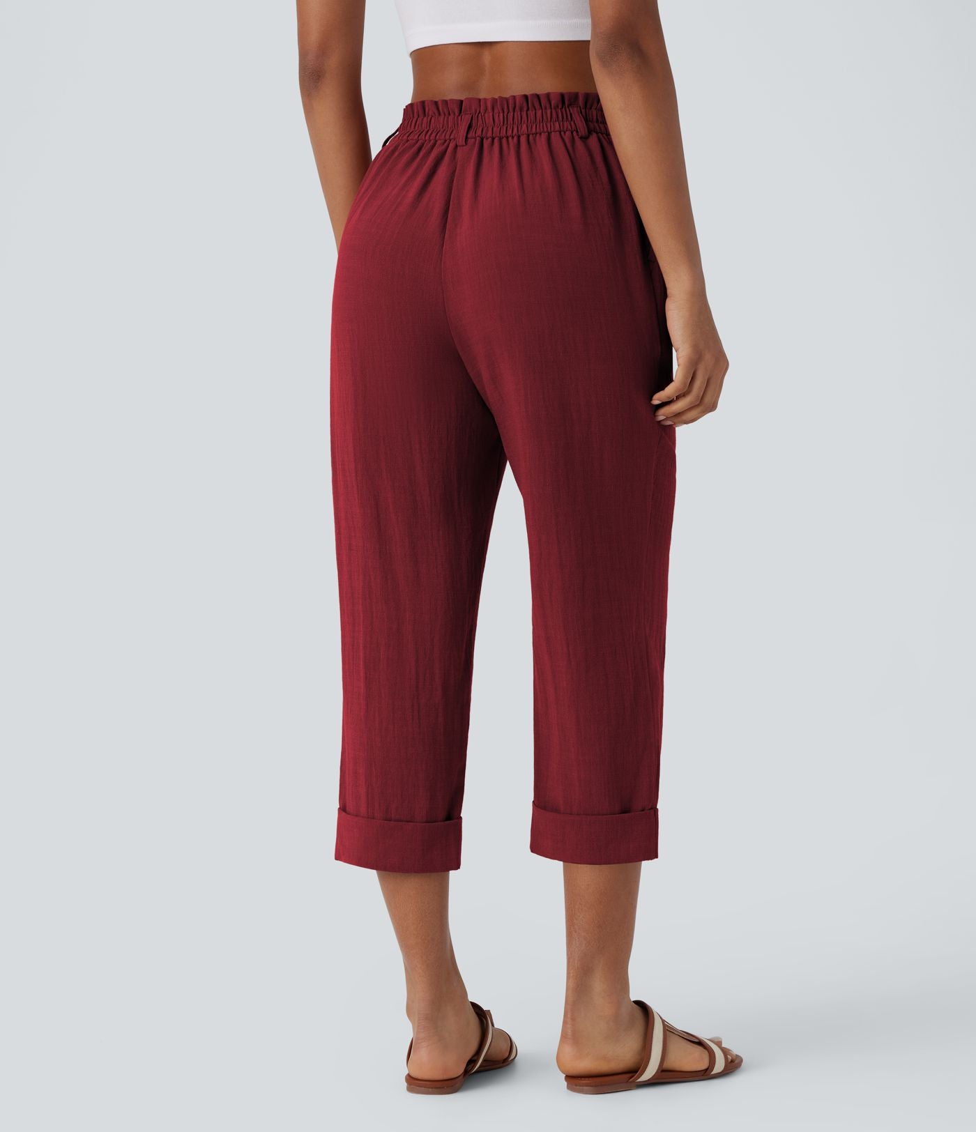 Pantalon capri effet lin taille haute avec poches zippées