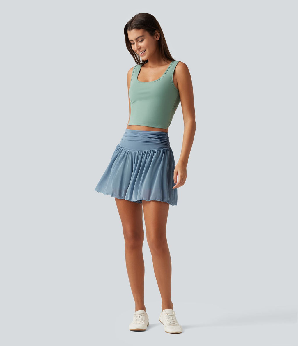 Short 2-en-1 taille haute gainant avec détails froncés, mesh contrasté avec poches, 7,5 cm