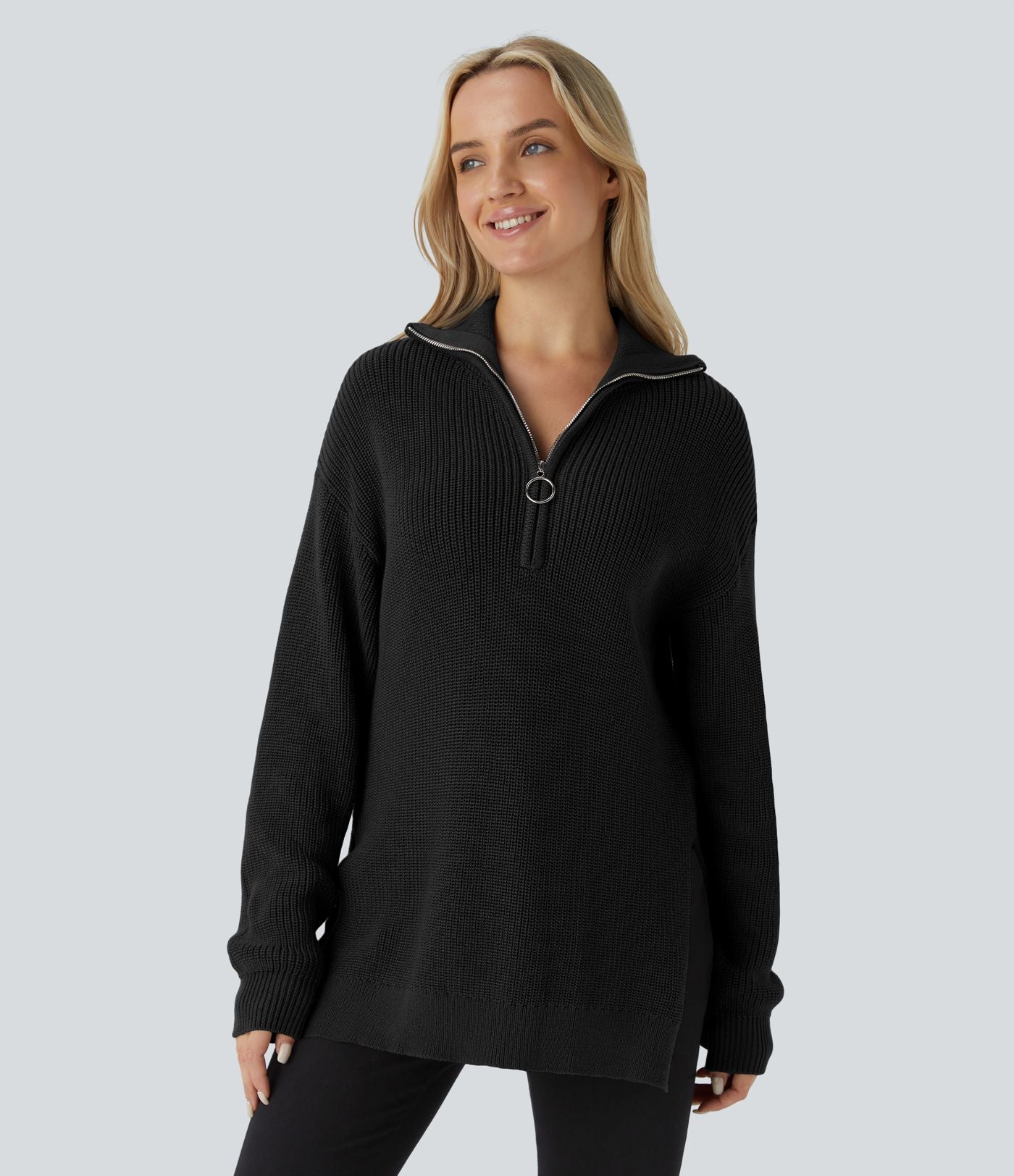 Pull décontracté à col montant, demi-fermeture éclair, manches longues et fente
