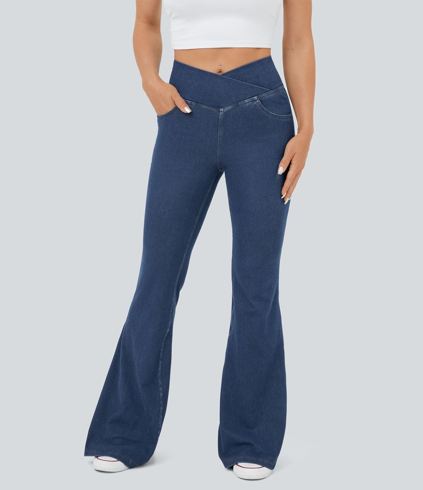 Jean super évasé Halara Flex™ décontracté maille denim extensible délavée effet frais InstantCool taille haute poches croisées