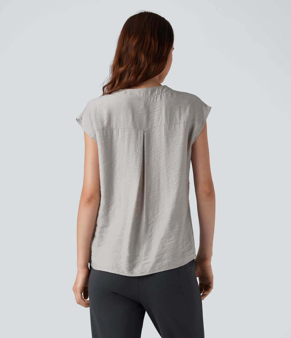 Blouse de Travail Col V Manches Courtes avec Boutons Décoratifs