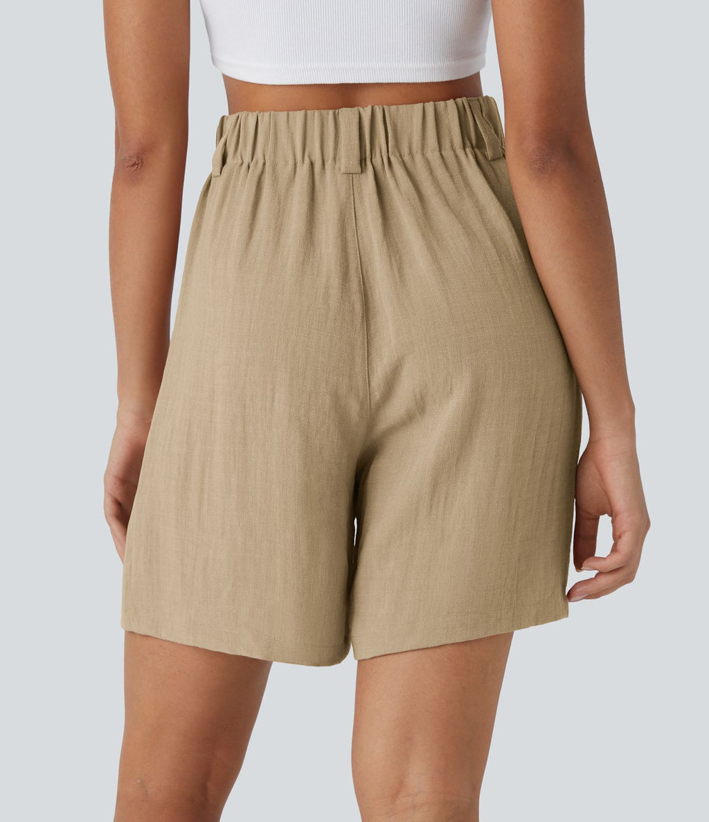 Bermuda Large Fluide Taille Haute avec Plis et Poches Latérales en Lin Synthétique
