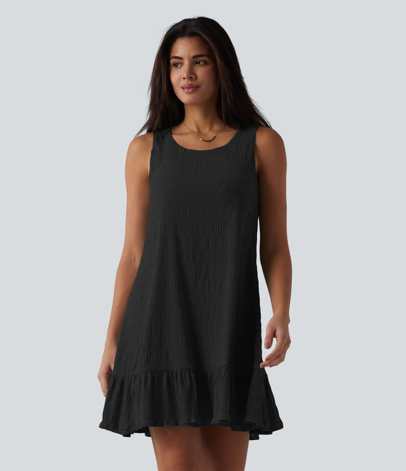 Robe courte décontractée sans manches à col rond, soutien-gorge intégré et ourlet à volants