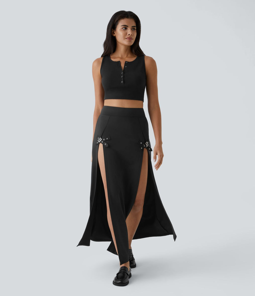 Jupe Casual Maxi 2 en 1 Taille Haute Boucle Décorative Fente