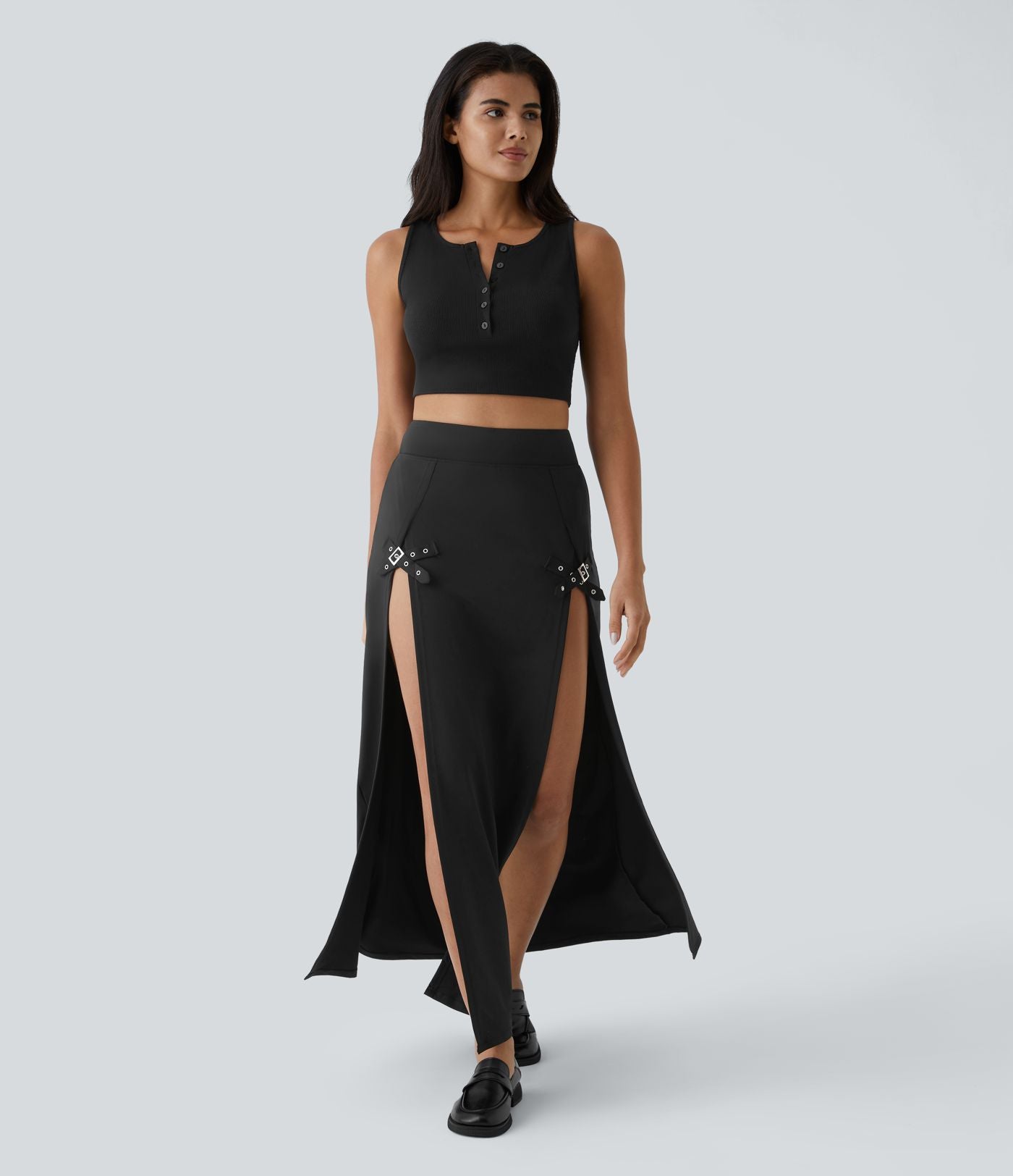 Jupe Casual Maxi 2 en 1 Taille Haute Boucle Décorative Fente