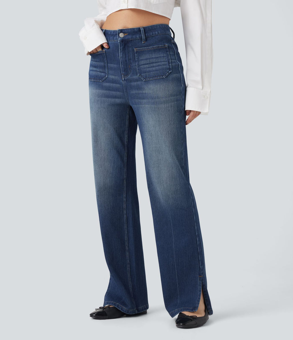 Jean droit délavé Halara Flex™ taille haute avec fente et poches