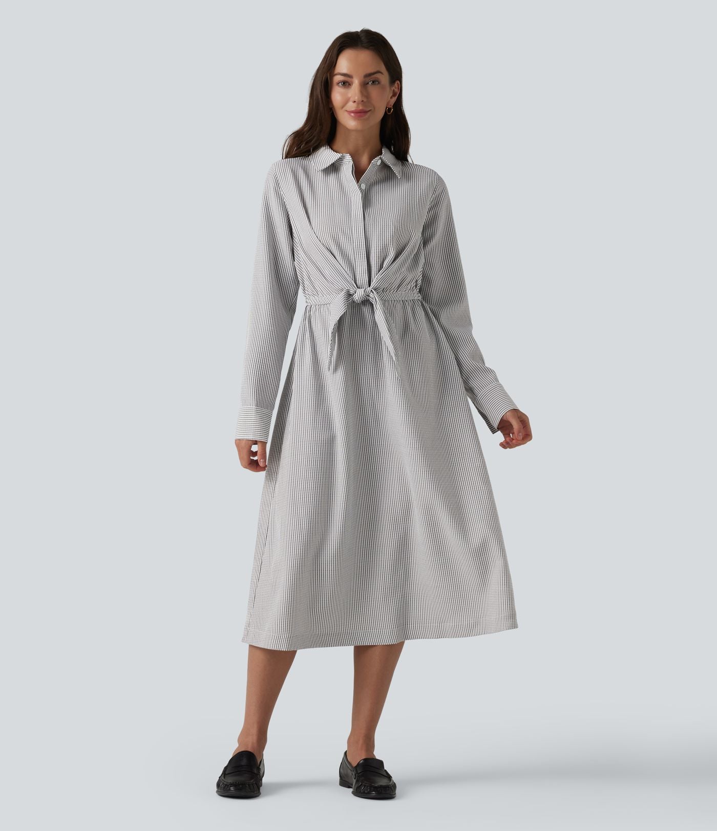 Robe chemise midi habillée à col, manches longues, lien à nouer devant et rayures