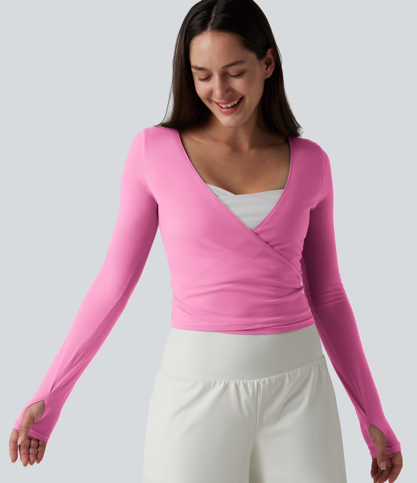 Haut casual SoftlyZero™ cache-cœur à manches longues avec passe-pouces, protection solaire UPF 50+