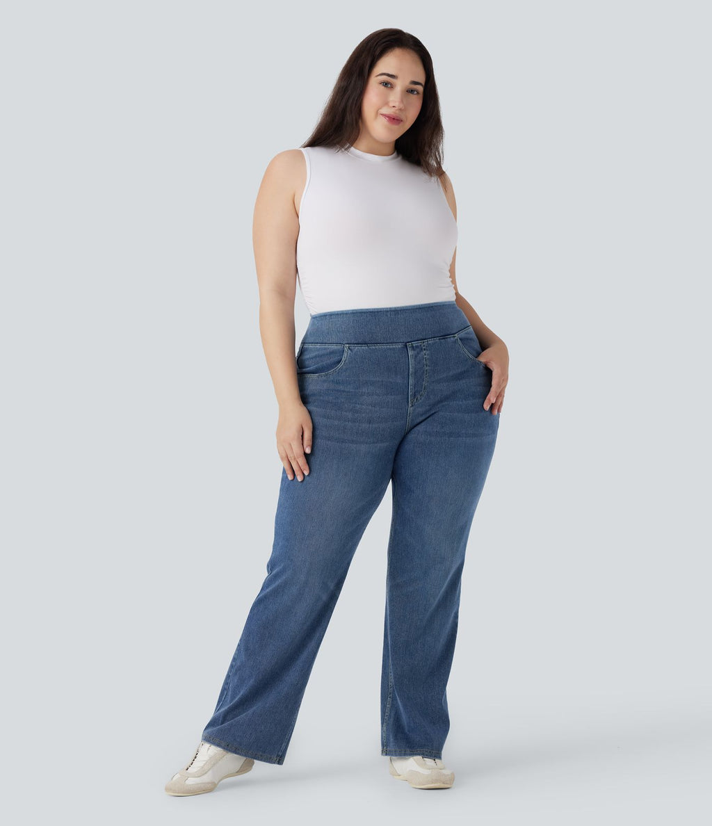 Jean décontracté Halara Flex™ grande taille bootcut taille haute en maille extensible délavée avec multiples poches
