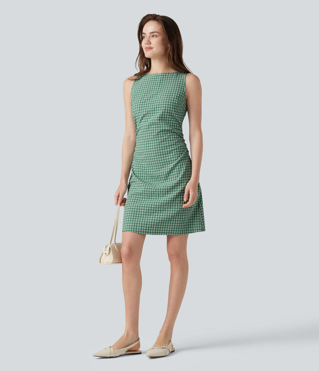 Robe mini casual sans manches col bateau à carreaux vichy, avec poches