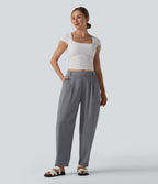 Pantalon décontracté coupe ballon taille mi-haute aspect lin avec poches