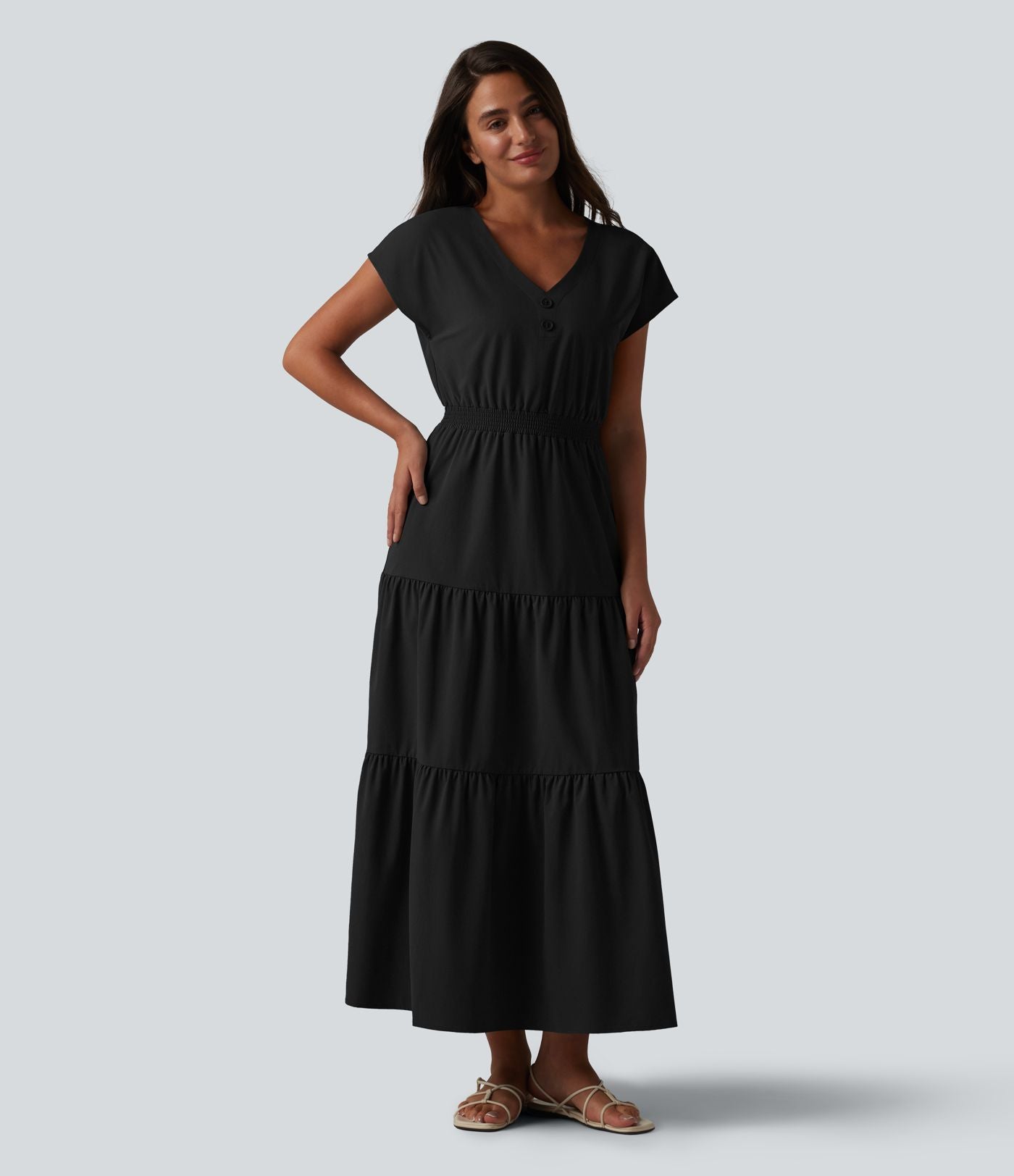 Robe midi décontractée en popeline stretch à manches courtes et col en V