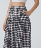 Pantalon décontracté à carreaux taille haute coupe ample avec poches latérales