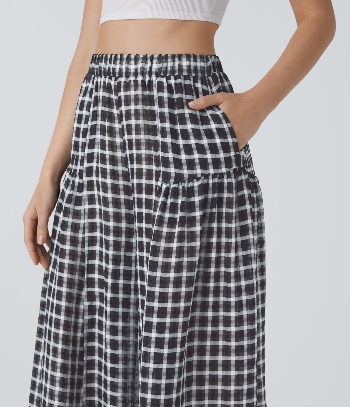 Pantalon décontracté à carreaux taille haute coupe ample avec poches latérales