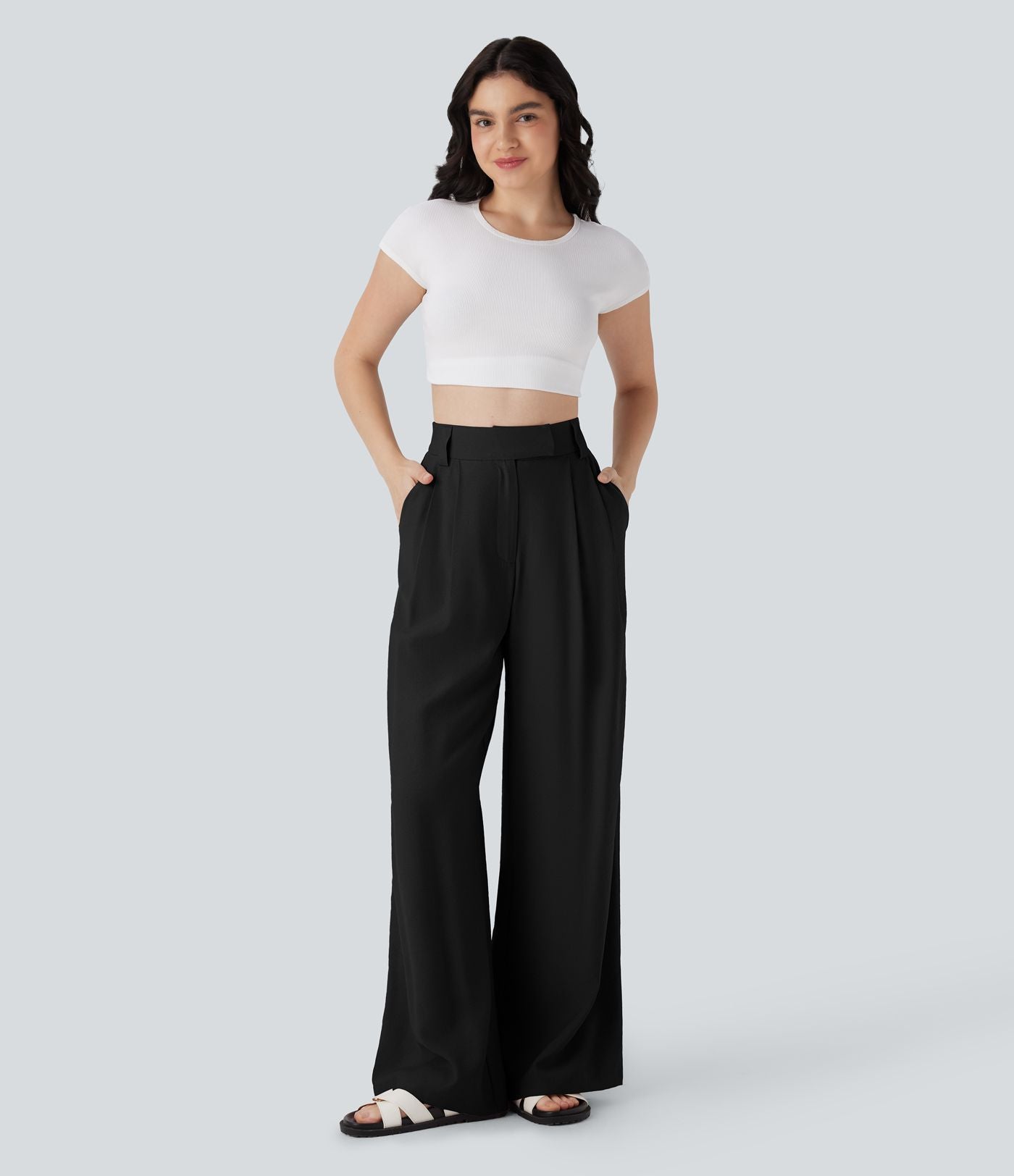 Pantalon large fluide effet lin taille moyenne avec poches