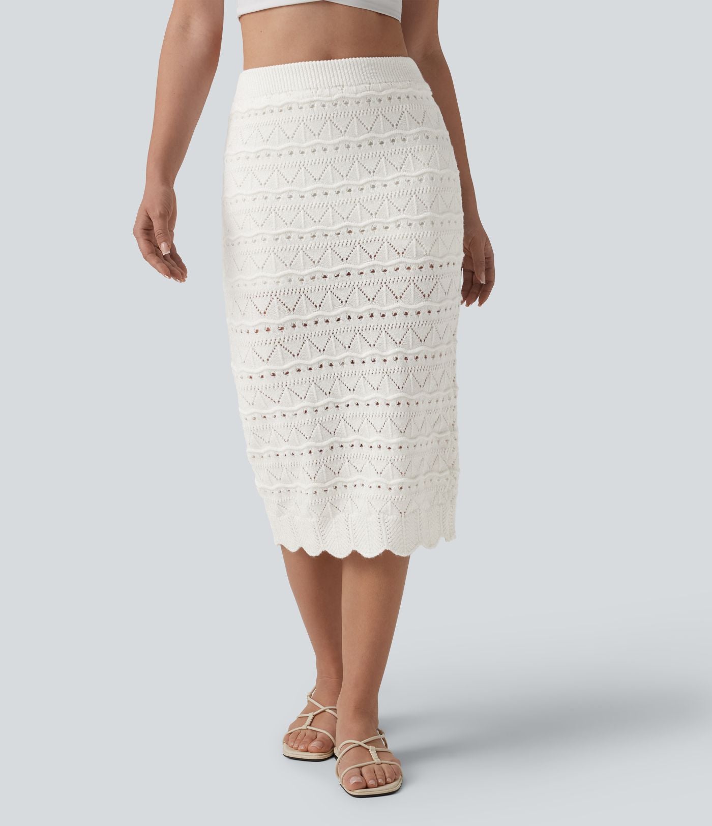 Jupe mi-longue maille ajourée 2-en-1 taille haute avec poches