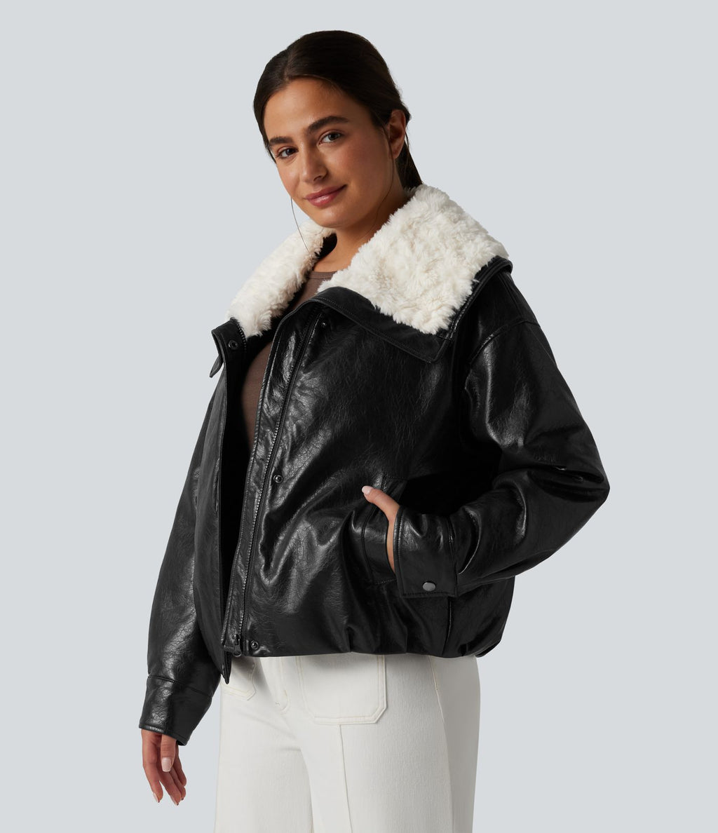 Veste casual en simili cuir à col en fausse fourrure et fermeture éclair avec poches