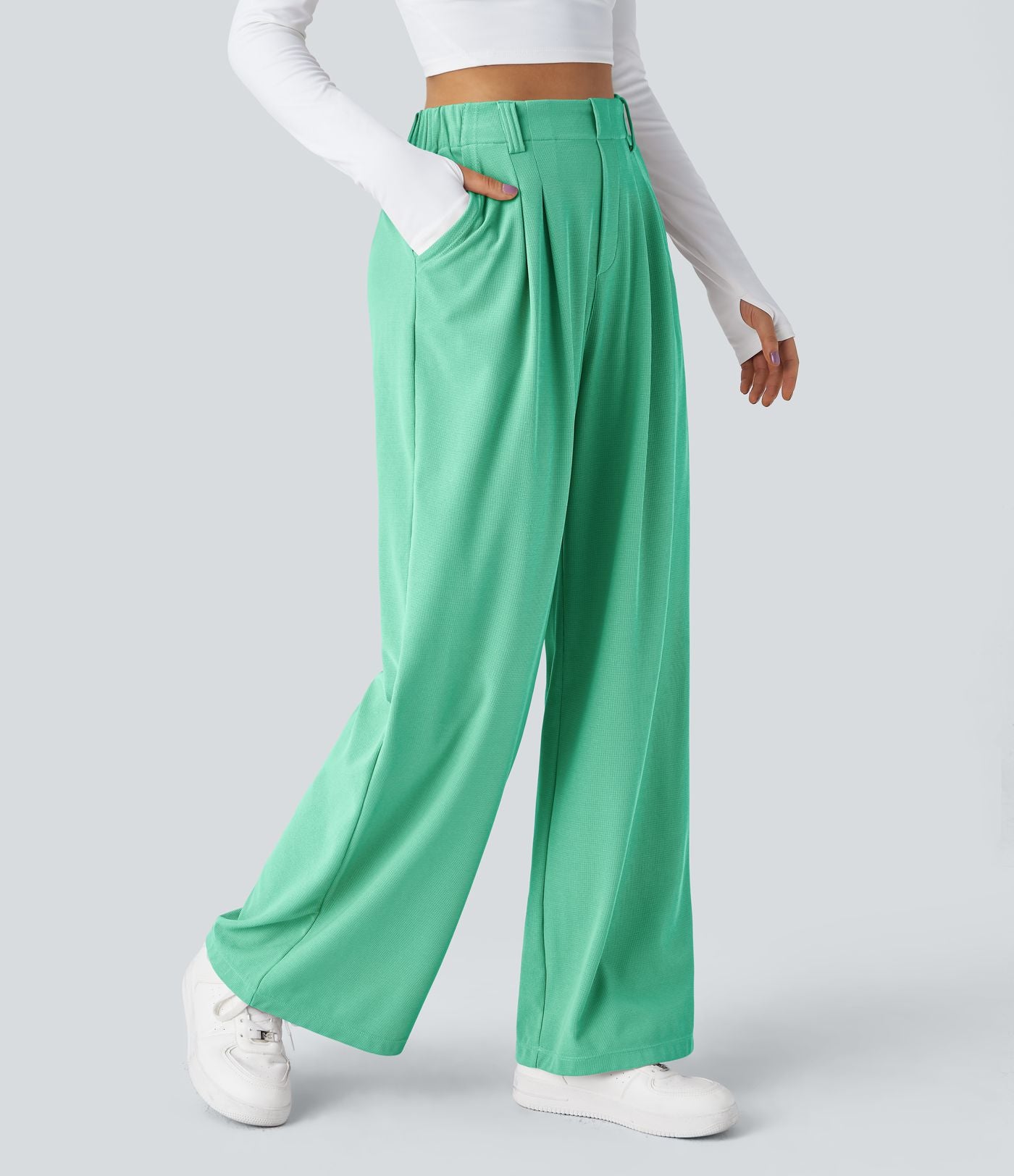 Pantalon Tailleur Large Fluide Halara Flex™ Gaufré Taille Haute Poches Latérales