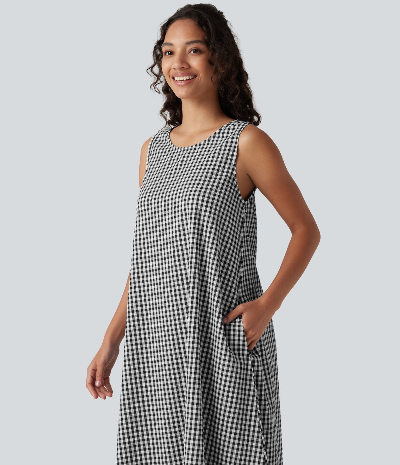 Robe débardeur midi décontractée en vichy froissé, col rond, sans manches, à poches