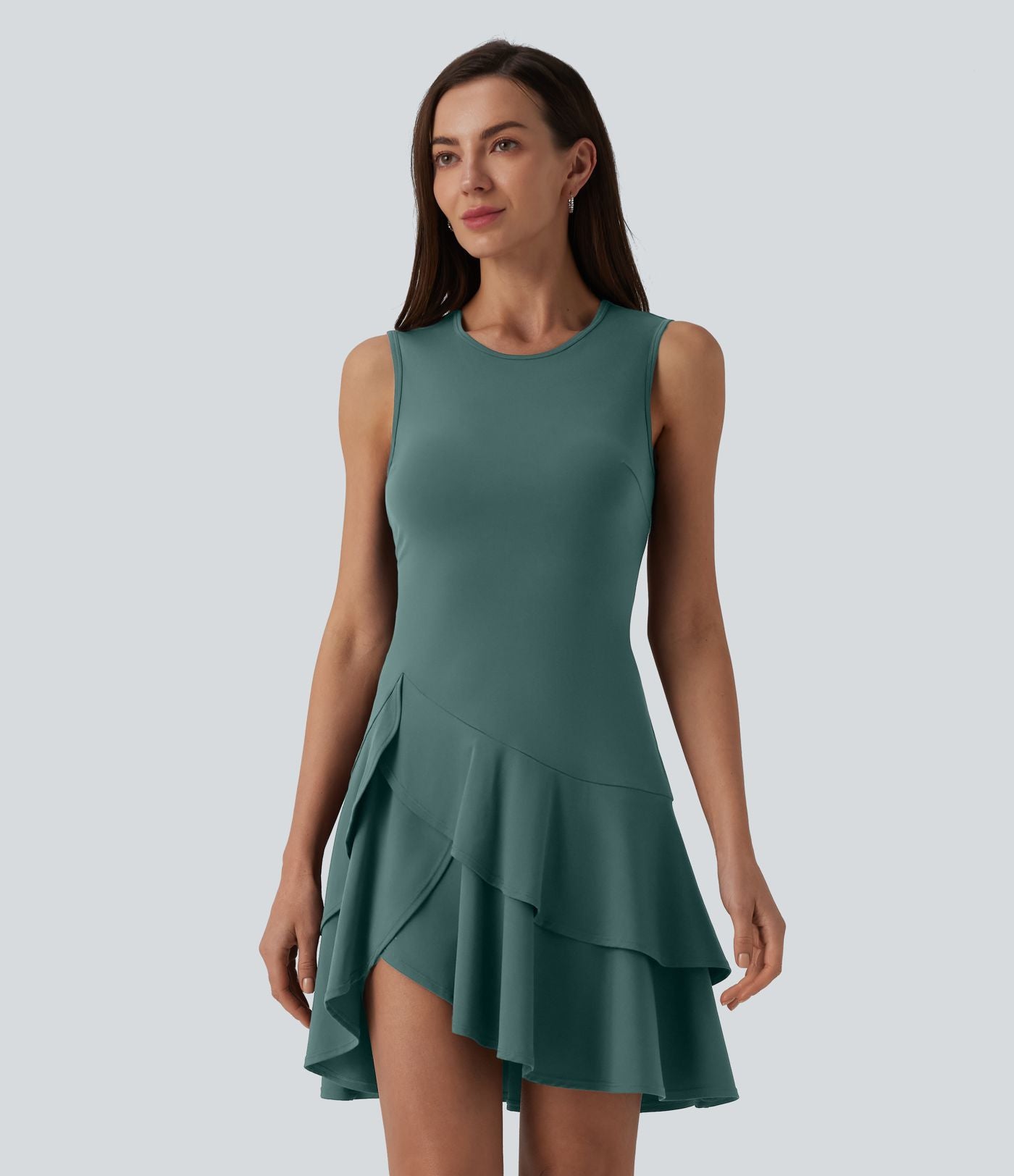Robe mini décontractée SoftlyZero™ Airy col rond sans manches à volants superposés effet frais InstantCool
