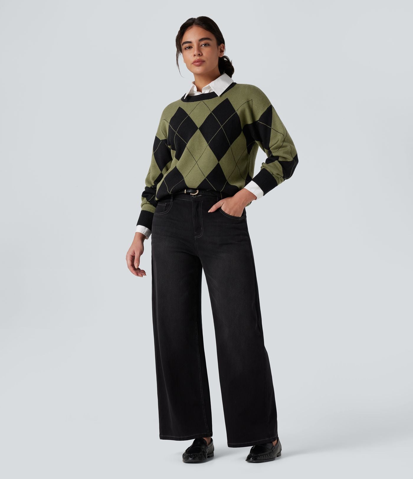 Pull de travail carreaux losange col rond manches longues