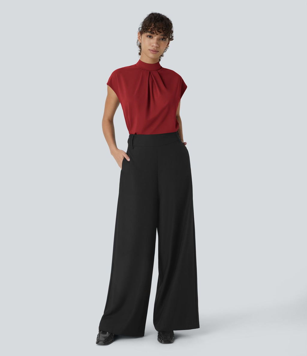 Blouse de Travail à Col Montant Plissée avec Boutons dans le Dos et Manches Courtes